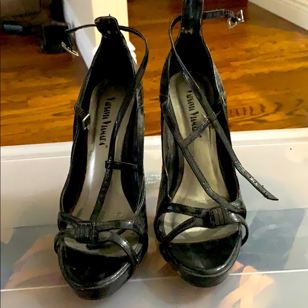 Black, double ankle strap heel